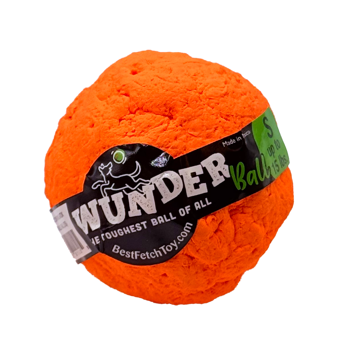 Orange textured fetch ball with black label band and 'The toughest ball of all' text