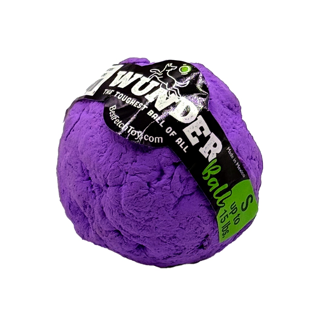 Purple textured fetch ball with black label band and 'The toughest ball of all' text