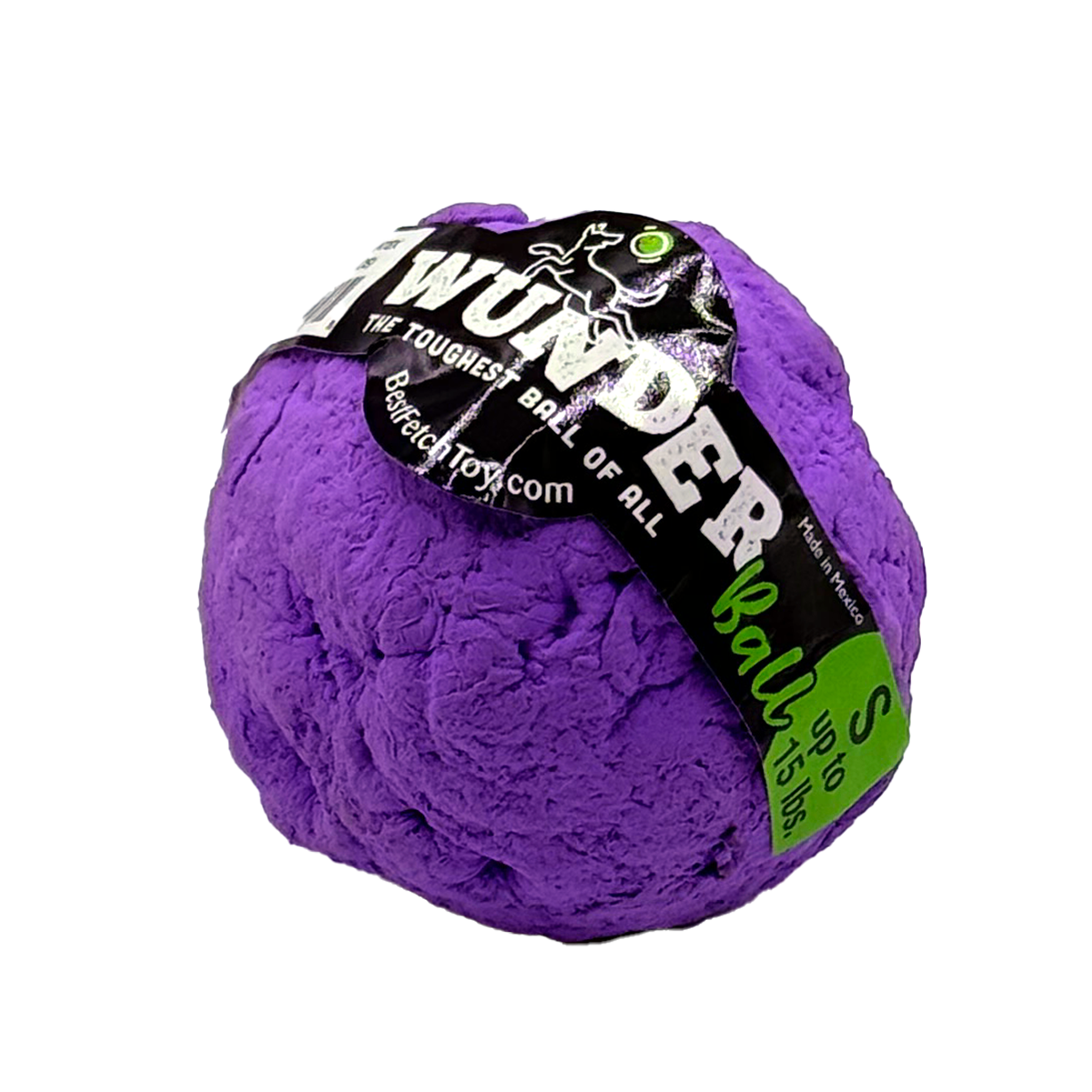 Purple textured fetch ball with black label band and 'The toughest ball of all' text