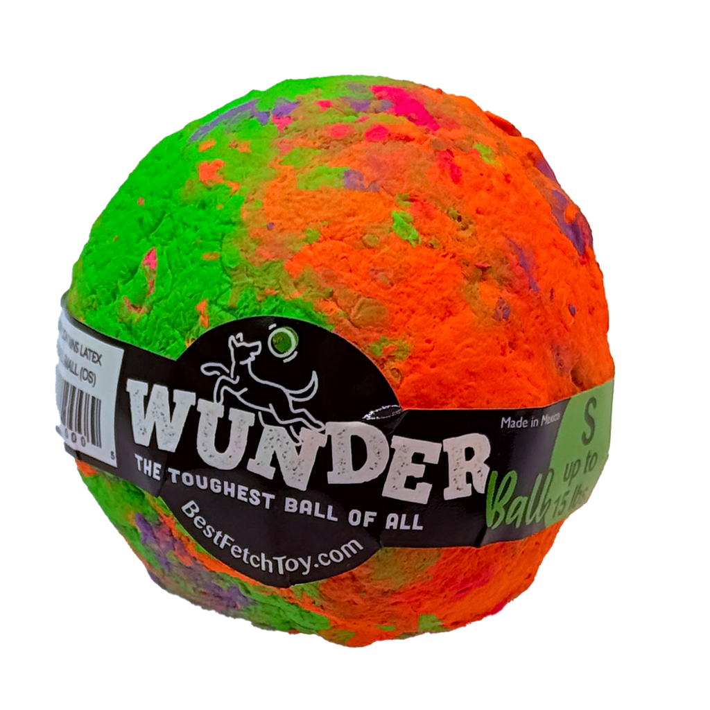 Colorful textured fetch ball toy with black logo band and handle for dogs