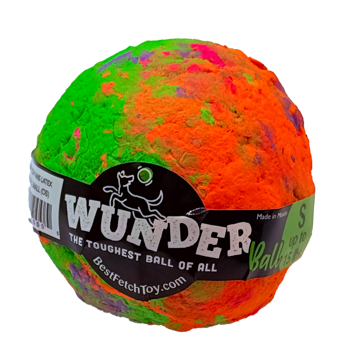 Colorful textured fetch ball toy with black logo band and handle for dogs
