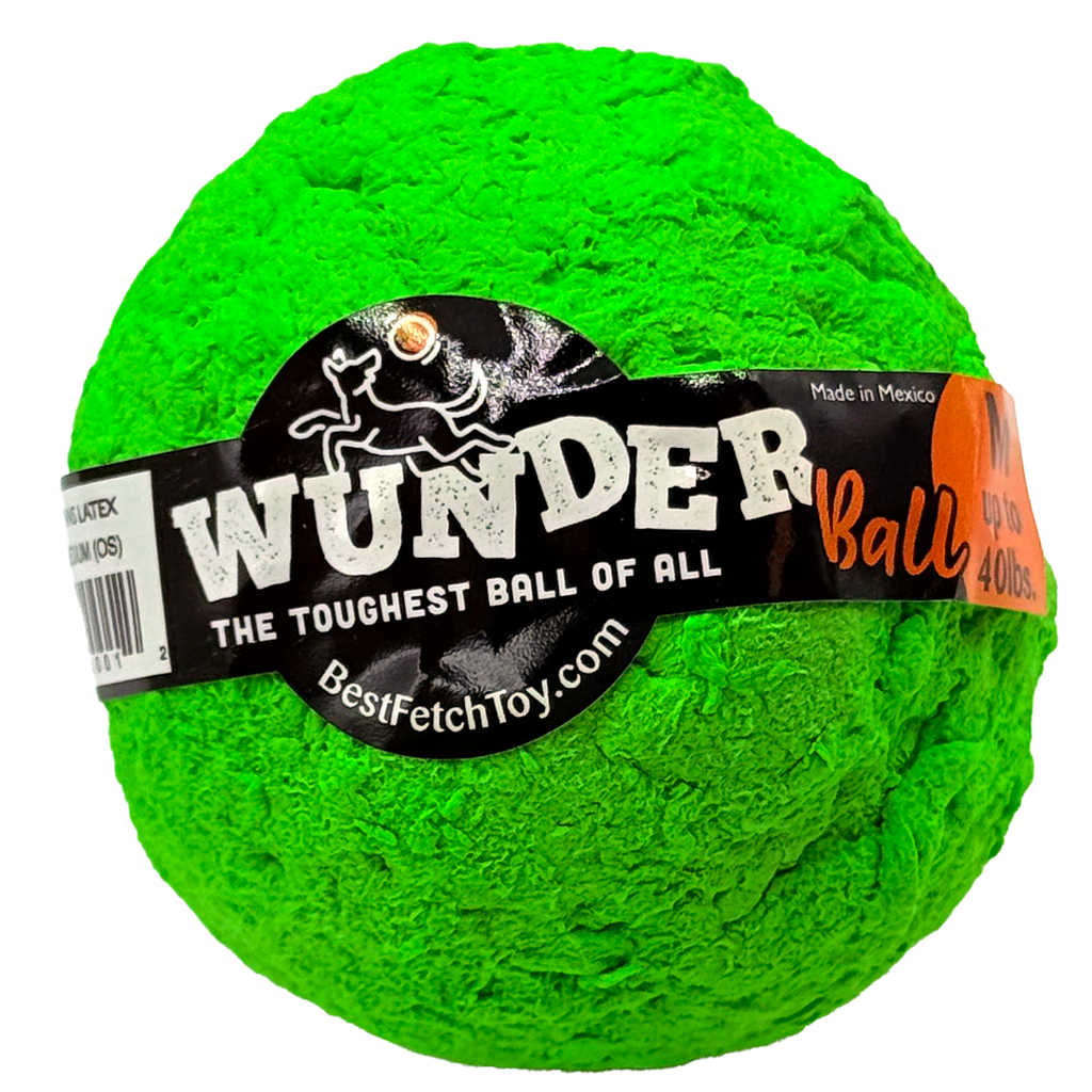Green textured fetch ball toy with black logo band, brand text on label