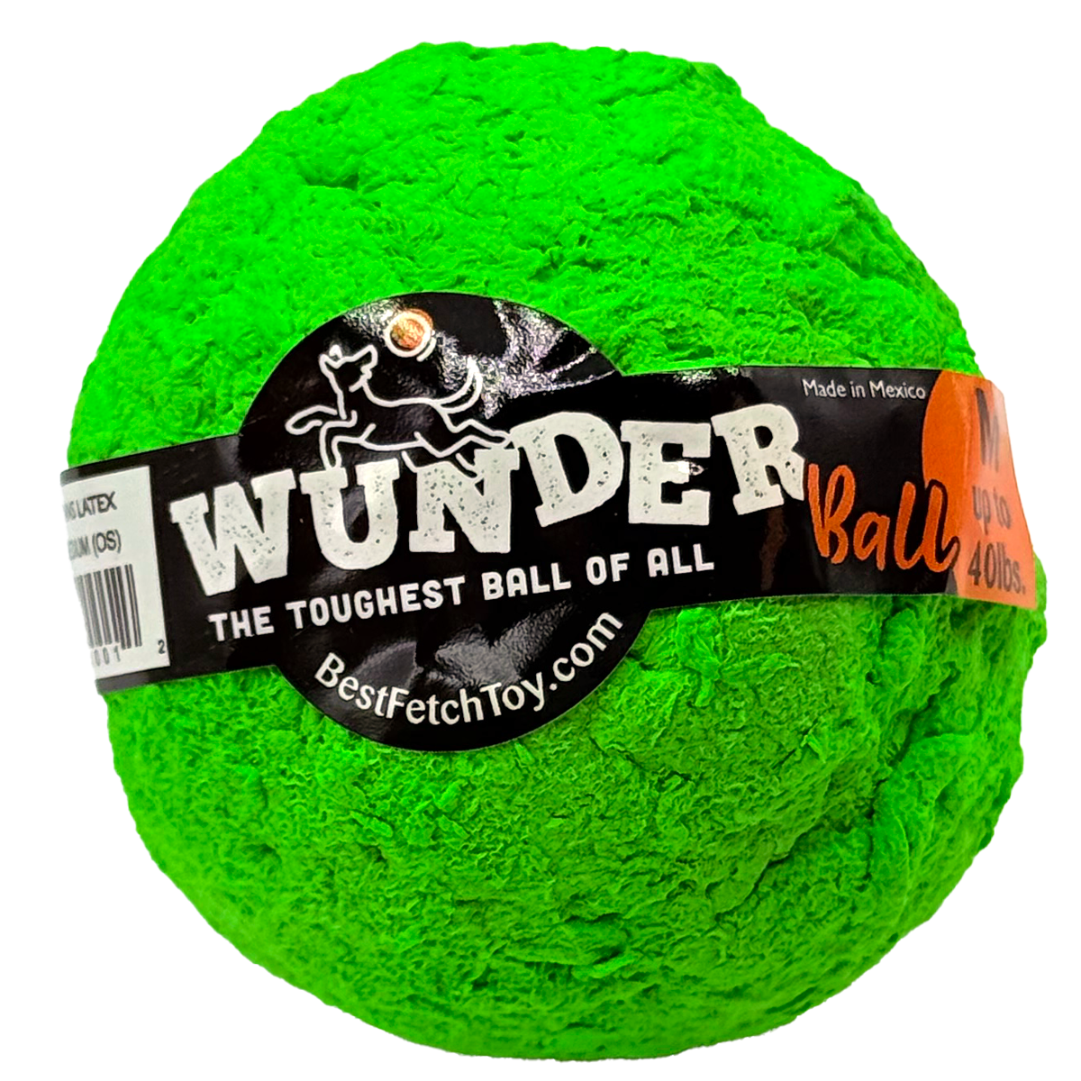Green textured fetch ball toy with black logo band, brand text on label