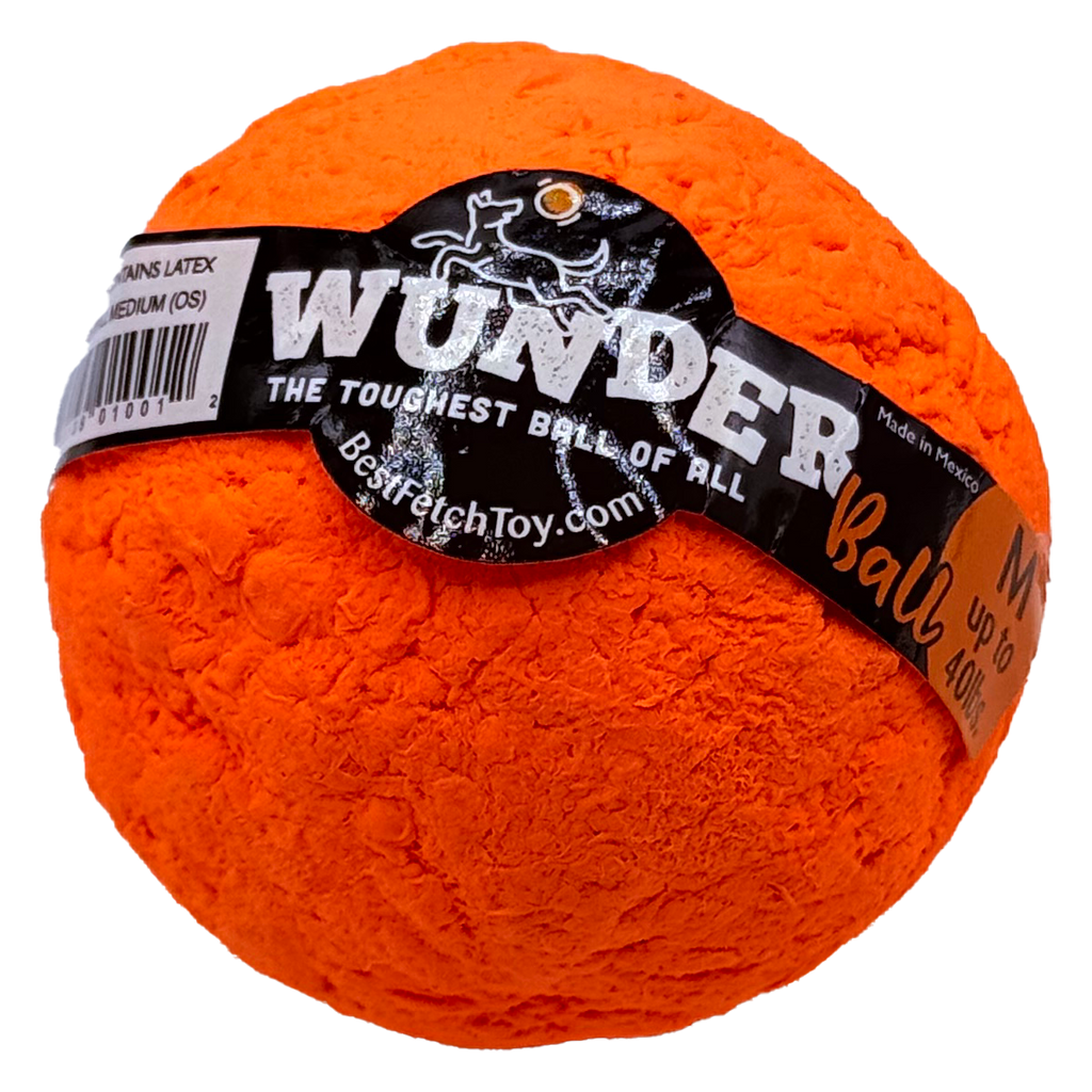 Orange textured fetch ball toy with black band label and stitched-looking surface