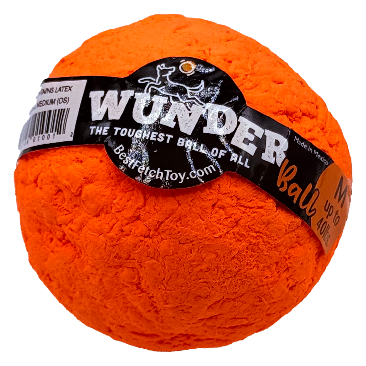 Orange textured fetch ball toy with black band label and stitched-looking surface