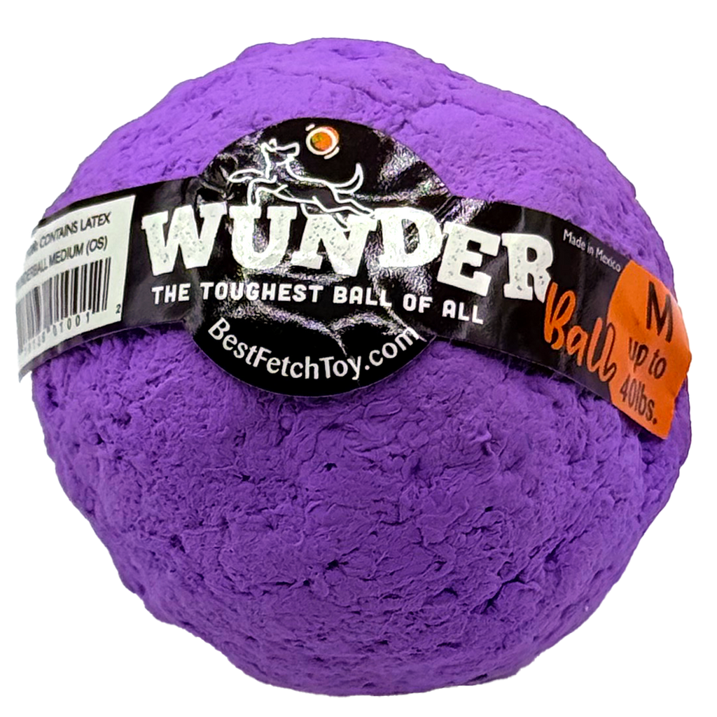 Purple textured fetch ball toy with black logo band and brand label