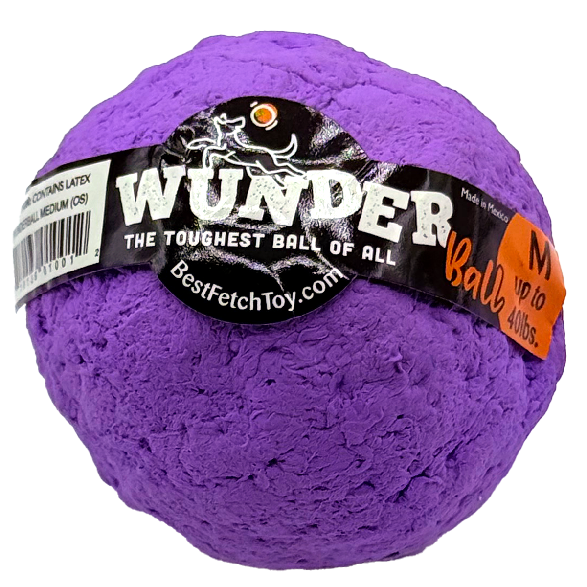 Purple textured fetch ball toy with black logo band and brand label