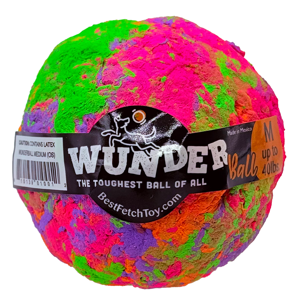 Multicolor textured fetch ball toy with black logo band and brand label