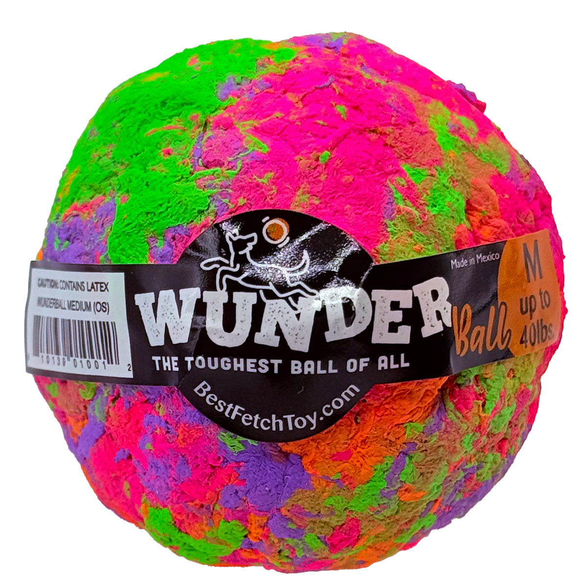 Multicolor textured fetch ball toy with black logo band and brand label
