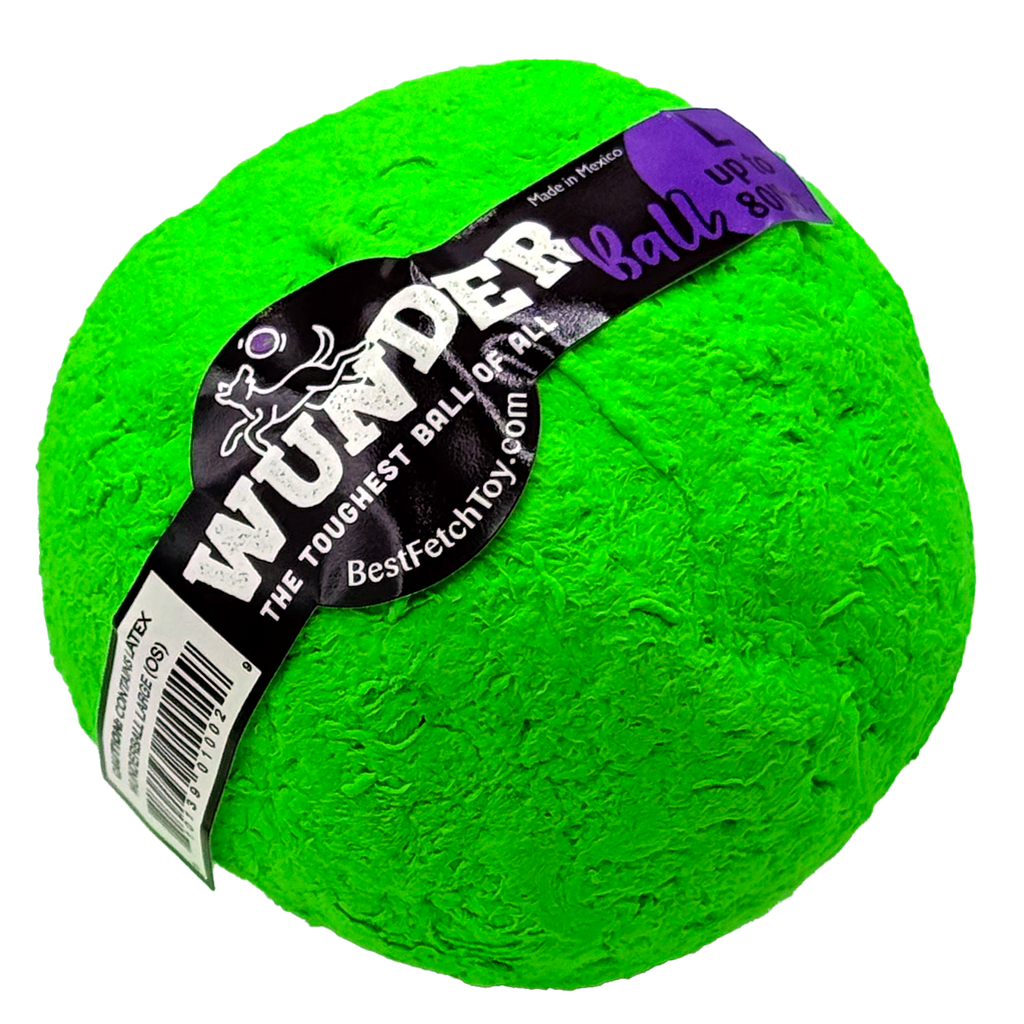 Bright green textured fetch ball toy with black logo band and size marking