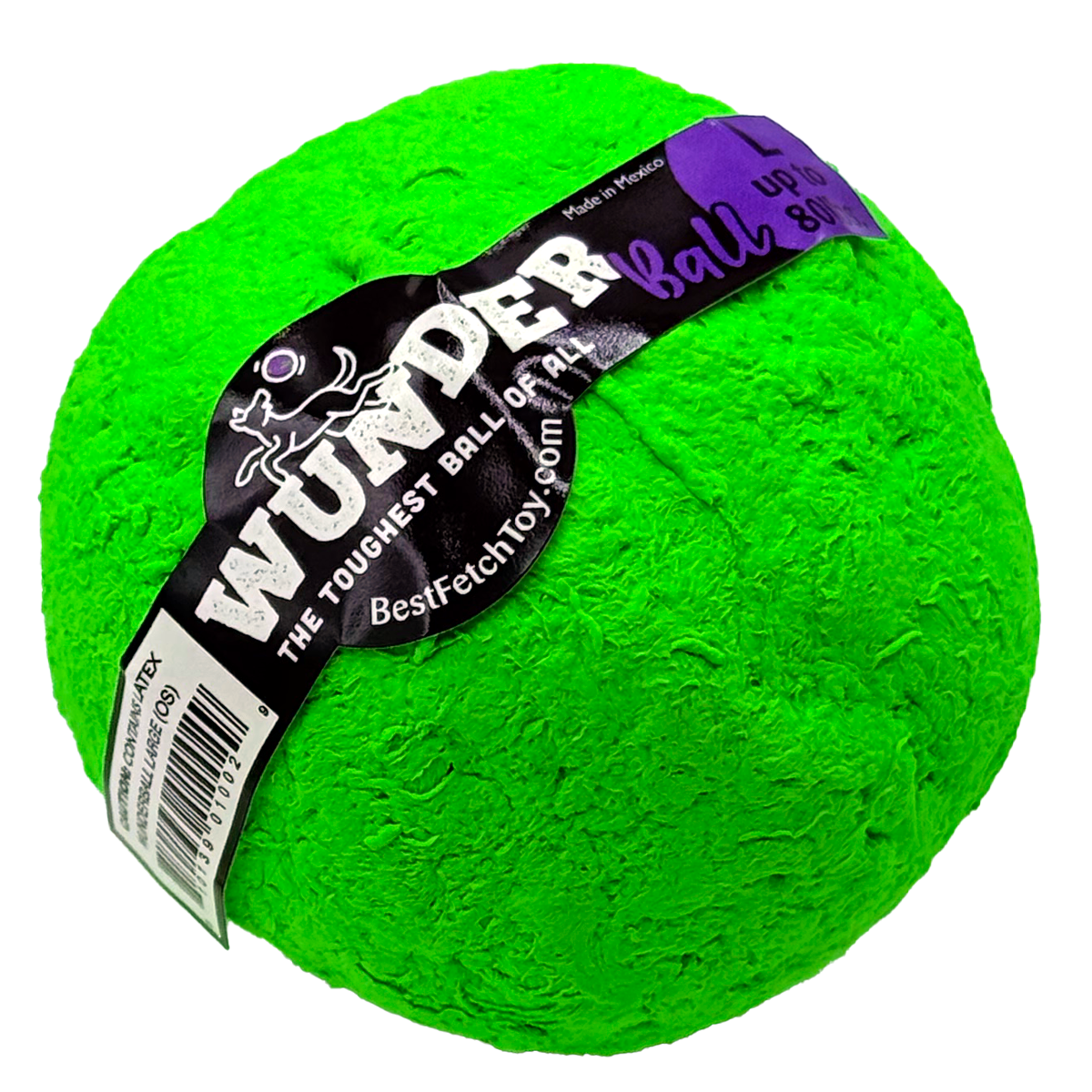 Bright green textured fetch ball toy with black logo band and size marking