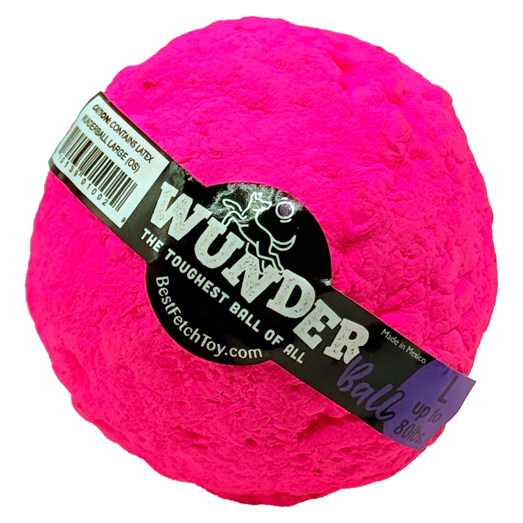 Hot pink textured fetch ball toy with black logo band and brand label
