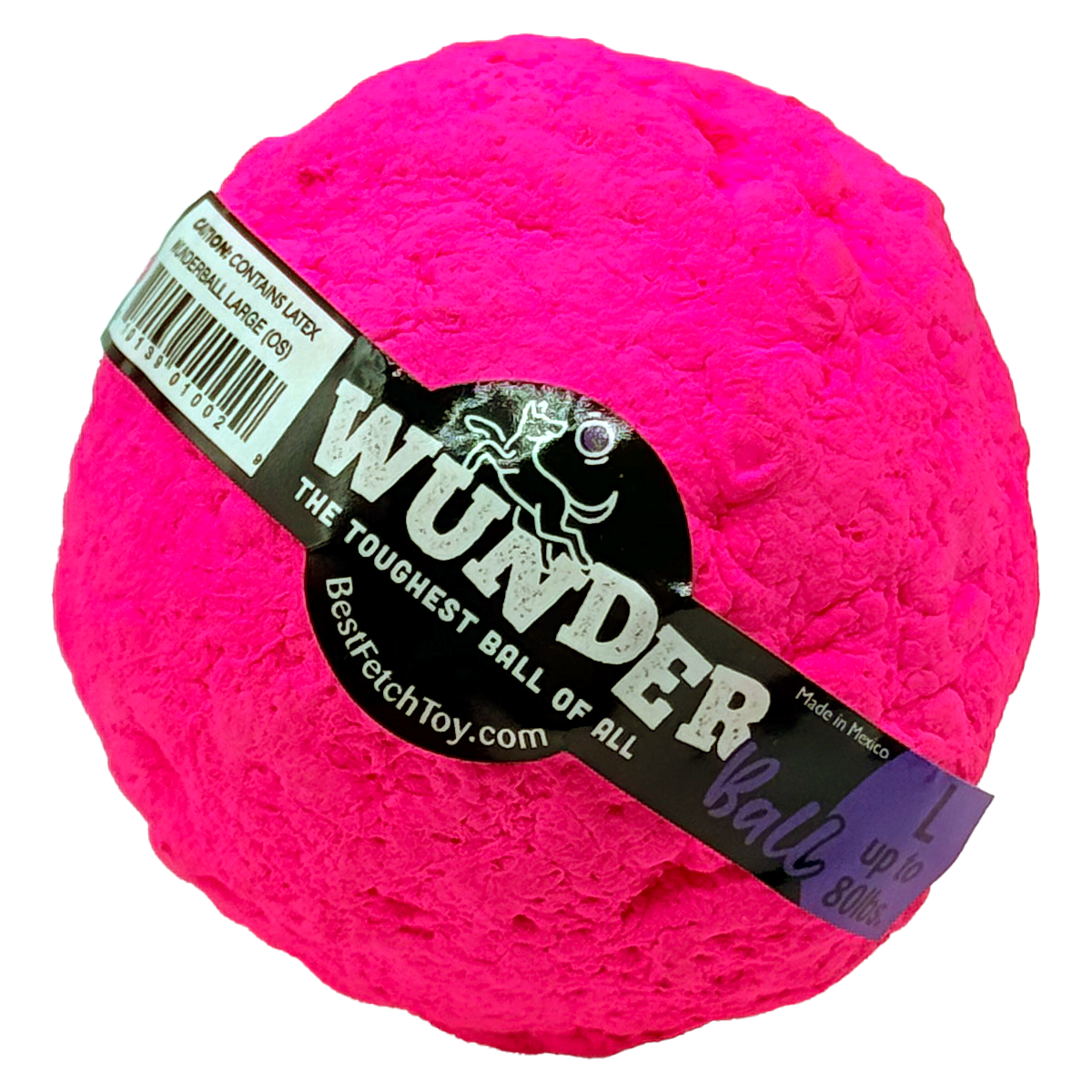Hot pink textured fetch ball toy with black logo band and brand label
