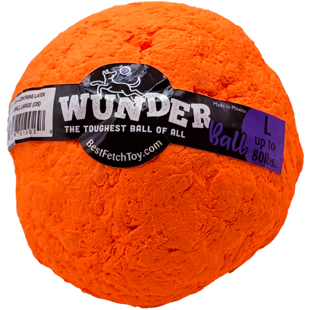 Orange textured fetch ball toy with black logo band and white brand lettering