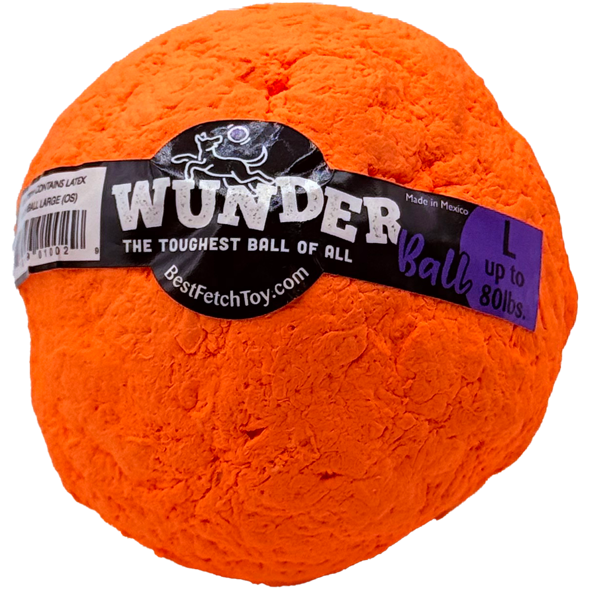 Orange textured fetch ball toy with black logo band and white brand lettering