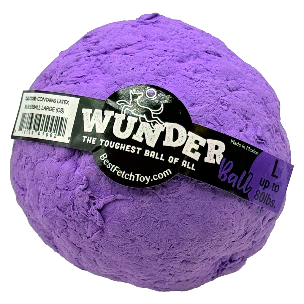 Purple textured fetch ball toy with black logo band and brand label details