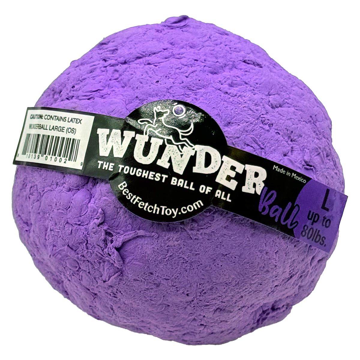 Purple textured fetch ball toy with black logo band and brand label details