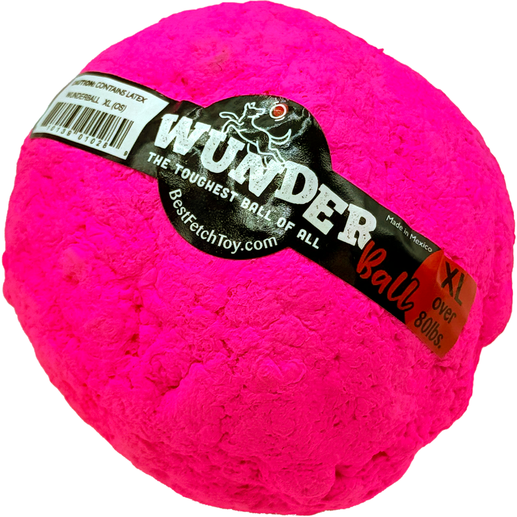 Durable pink fetch ball with WUNDER logo label