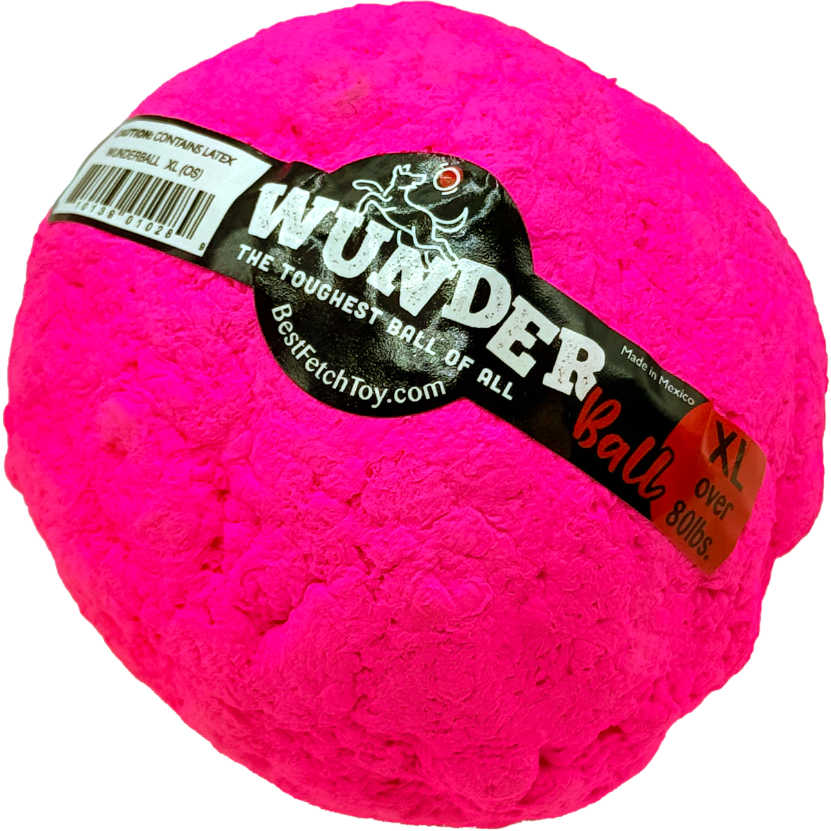 Durable pink fetch ball with WUNDER logo label