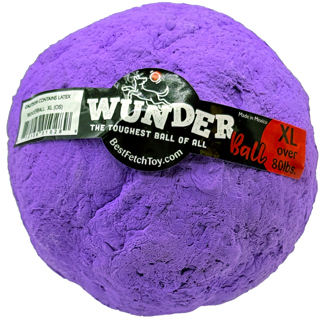 Durable purple fetch ball with WUNDER logo label