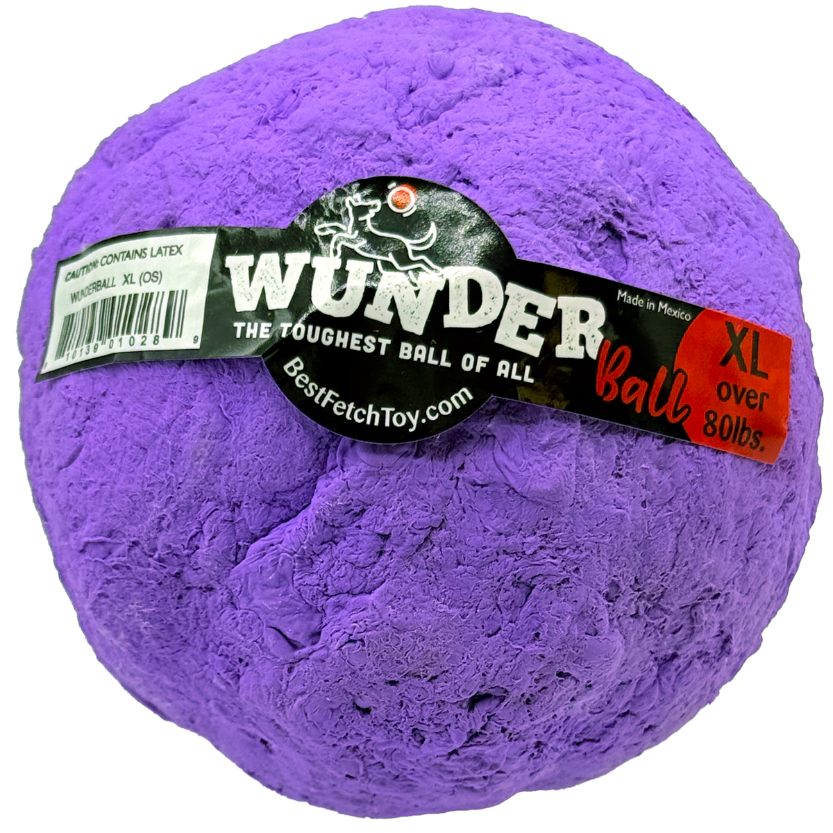 Durable purple fetch ball with WUNDER logo label