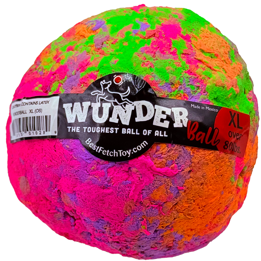 Colorful speckled swirl fetch ball with WUNDER logo label