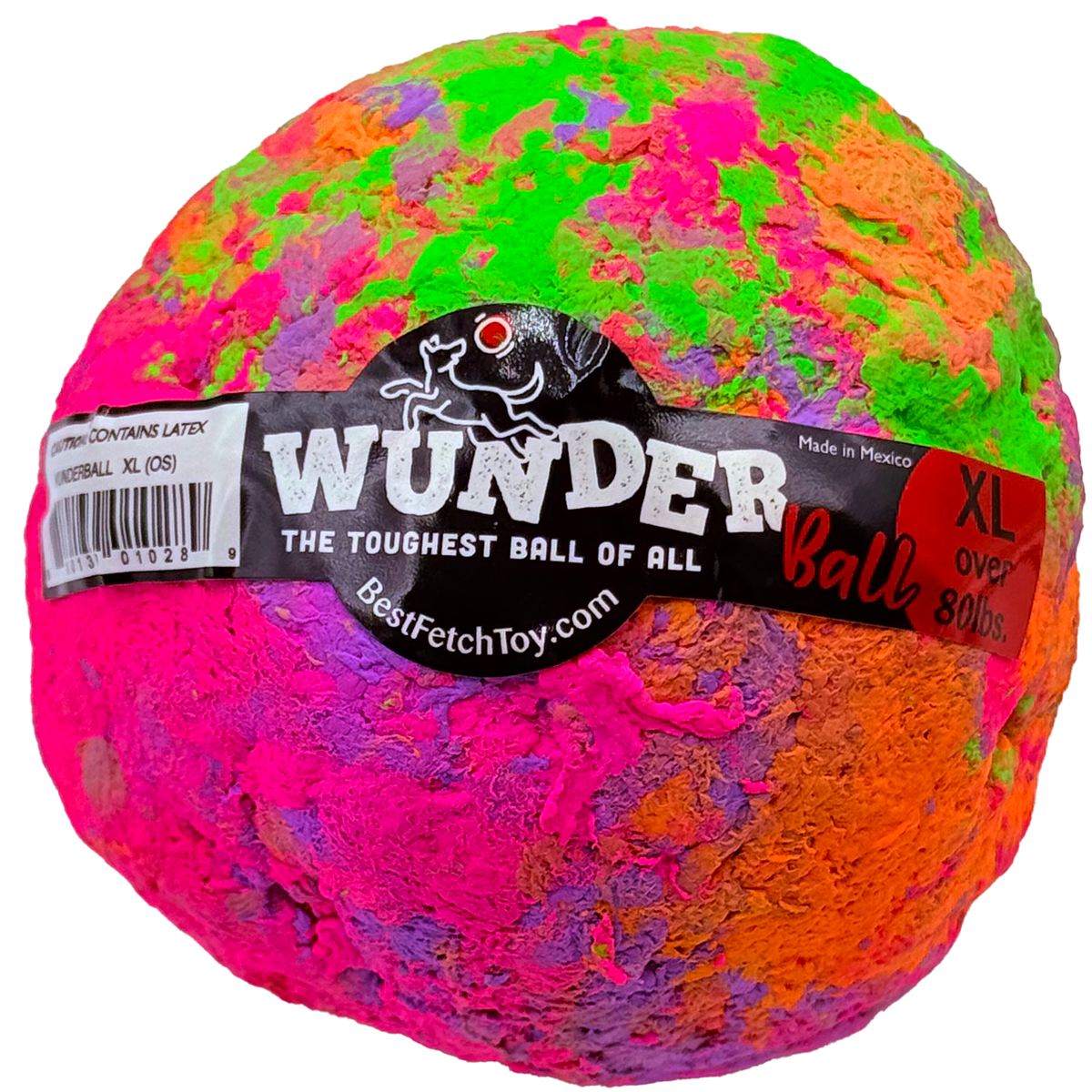 Colorful speckled swirl fetch ball with WUNDER logo label