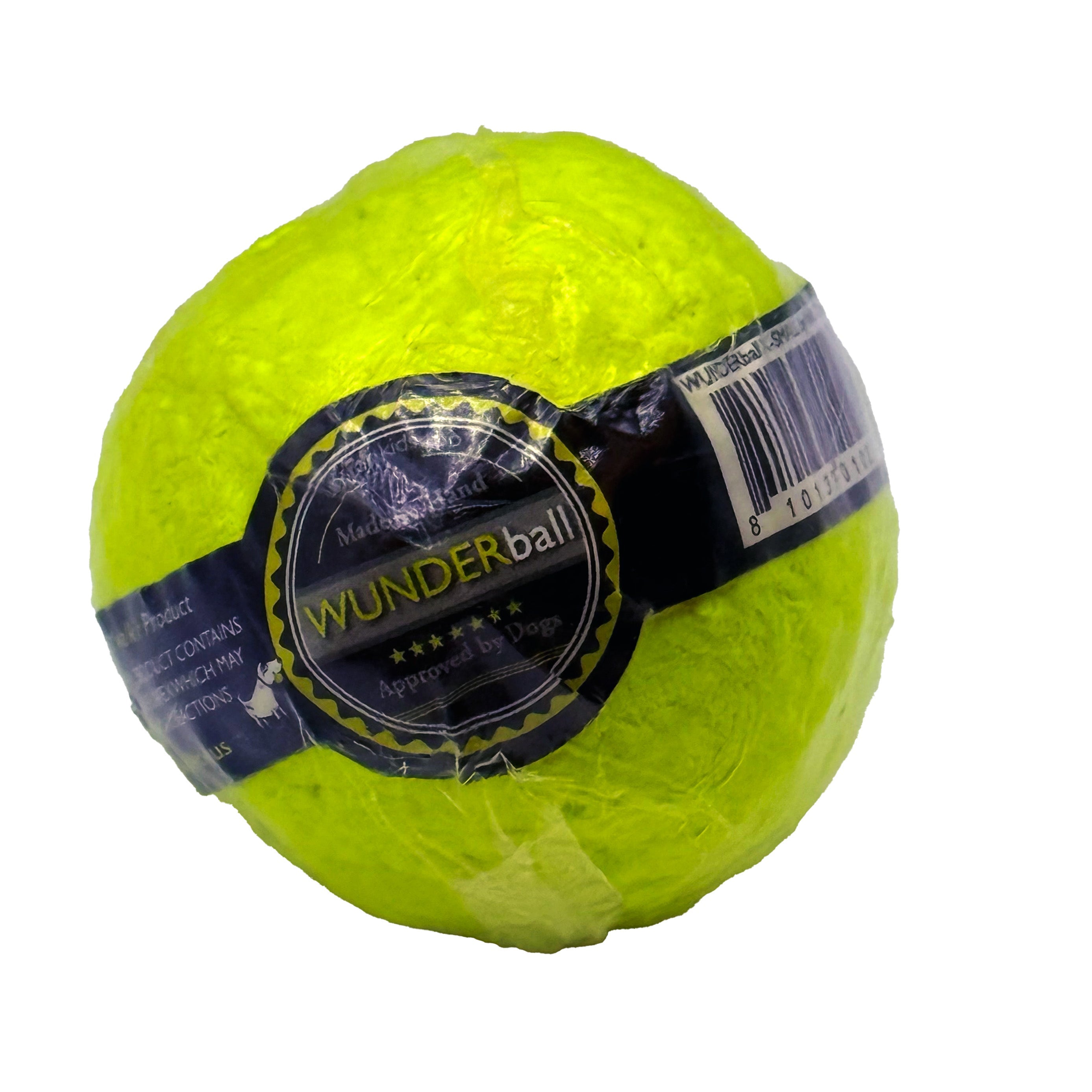 Neon green fetch ball with black WUNDER label patch