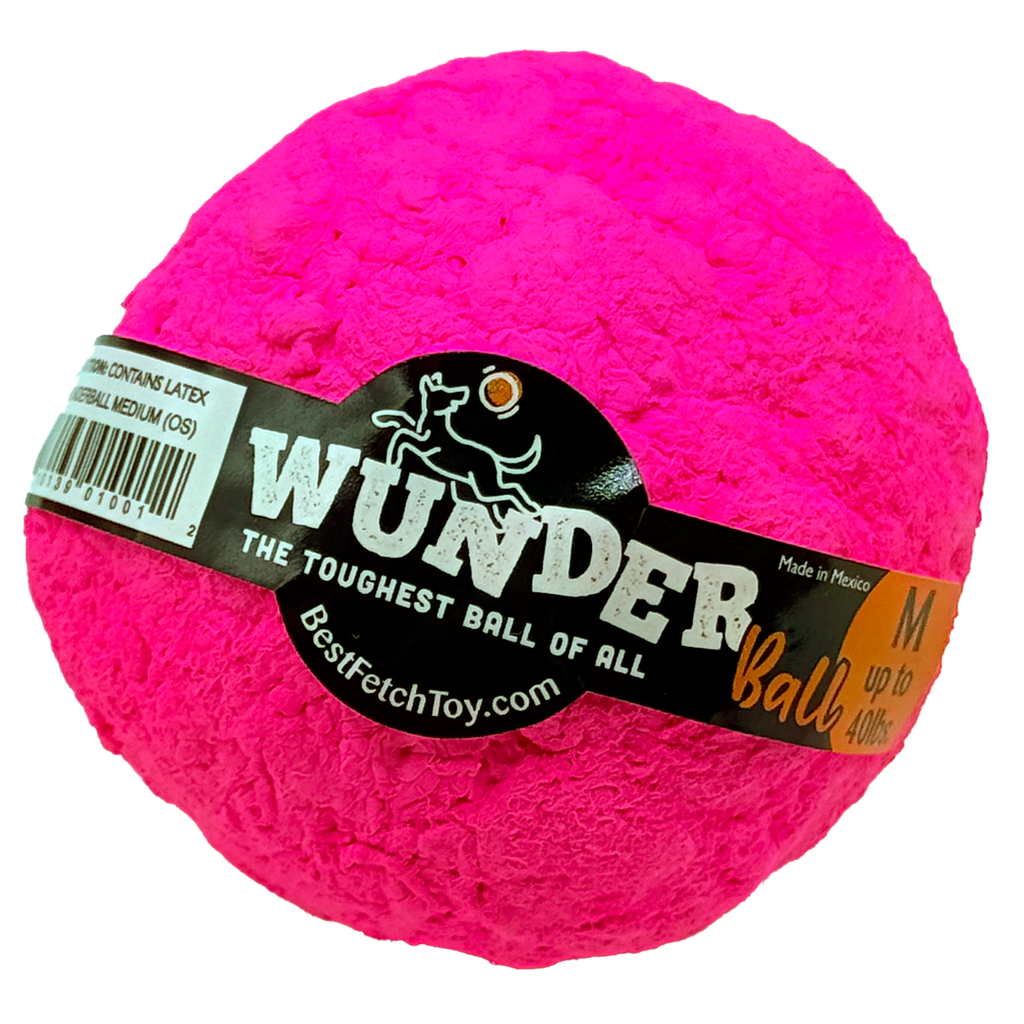 Hot pink durable fetch ball with WUNDER logo label