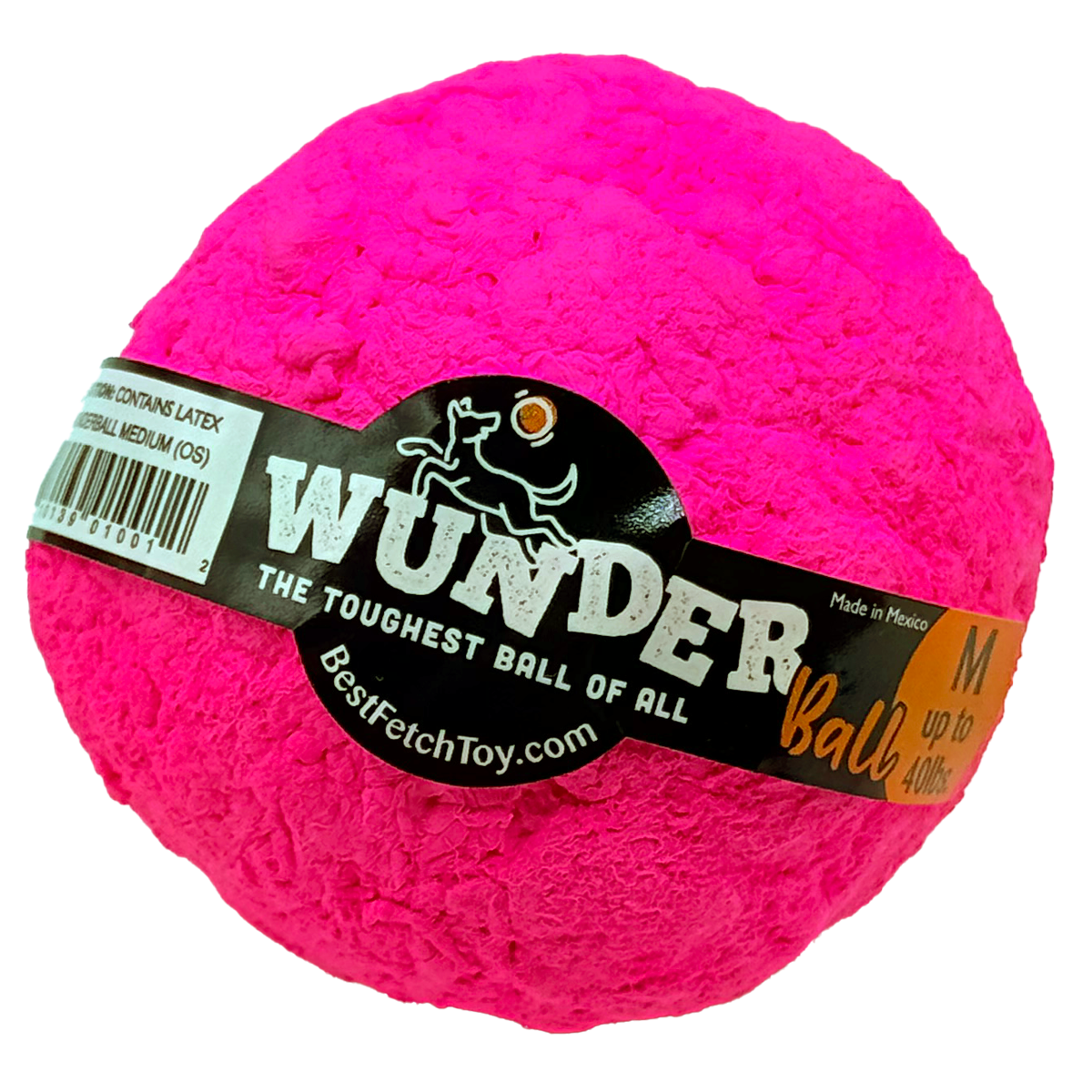 Hot pink durable fetch ball with WUNDER logo label