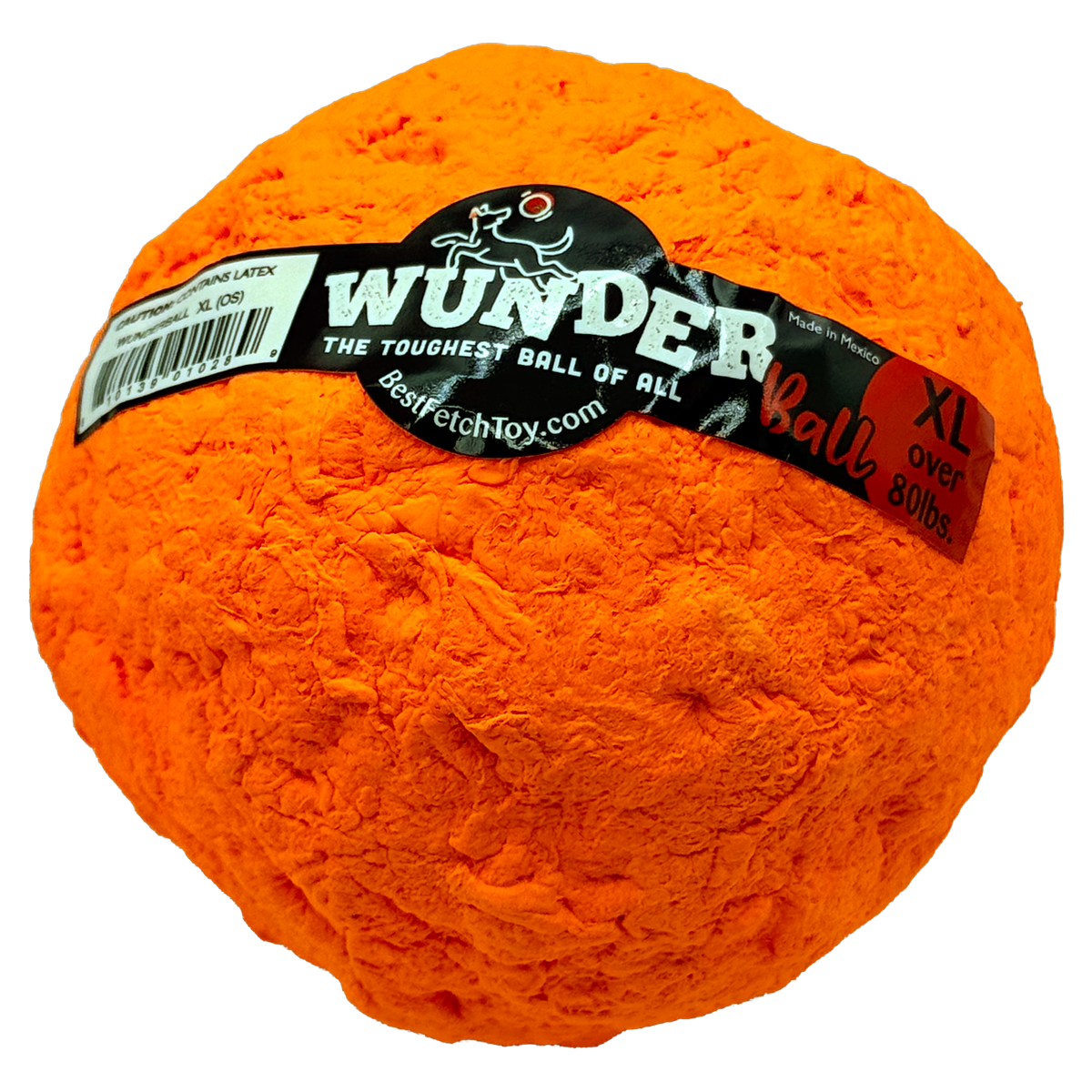 Orange durable fetch ball with WUNDER logo label and XL marking