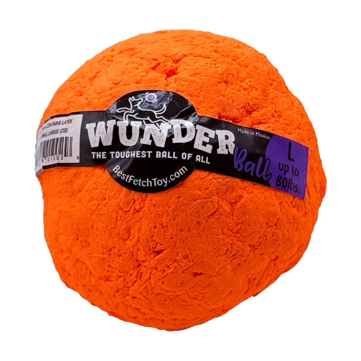 Orange fetch ball with WUNDER logo label across the surface