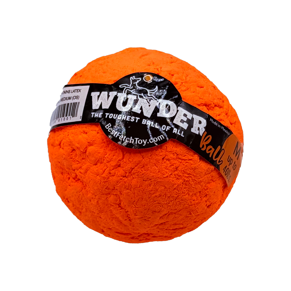 Bright orange durable fetch ball with WUNDER logo label