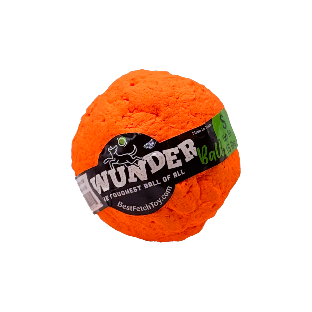 Textured orange fetch ball with black logo label wrapped around the surface