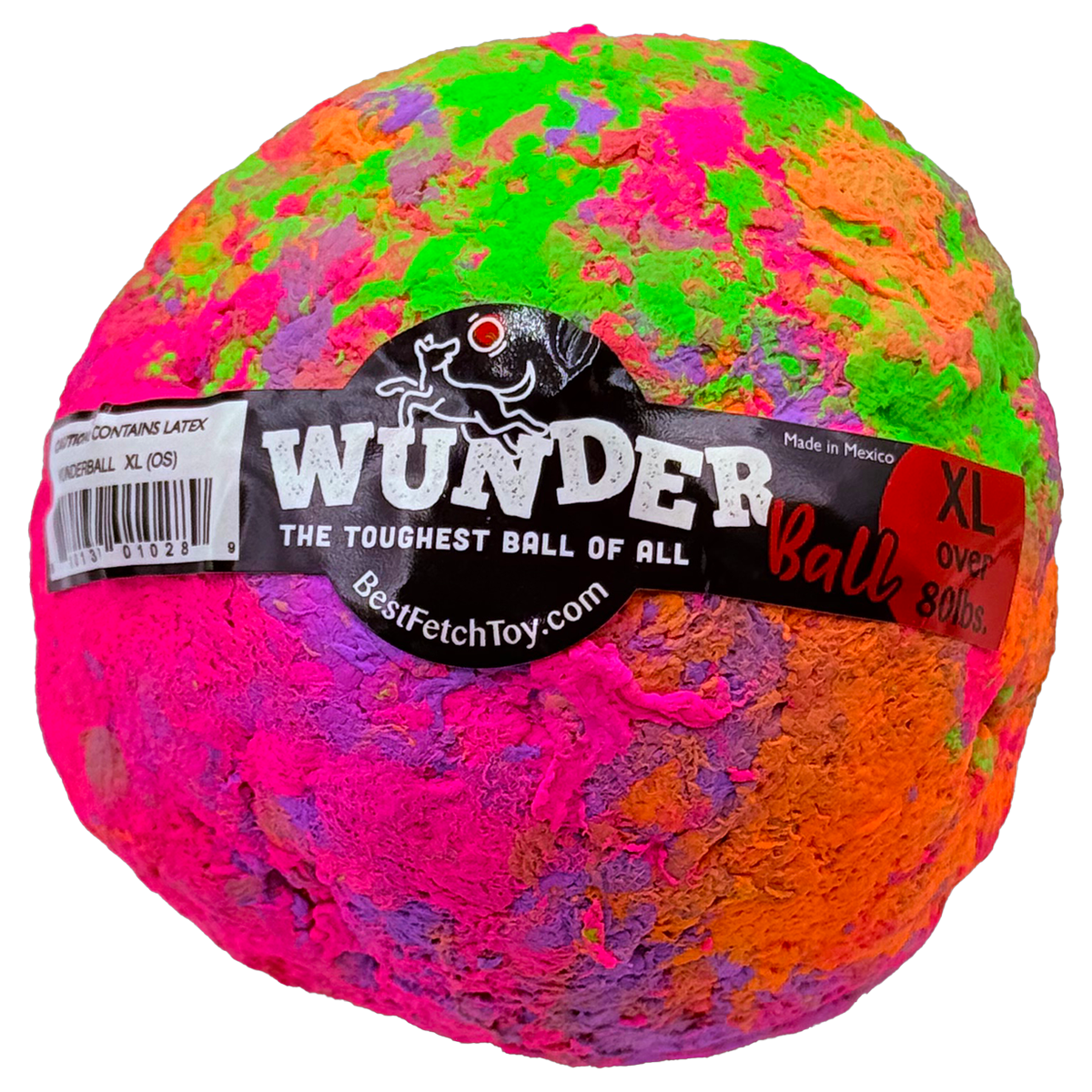 Textured multicolor fetch ball with black logo label and pink green purple tones