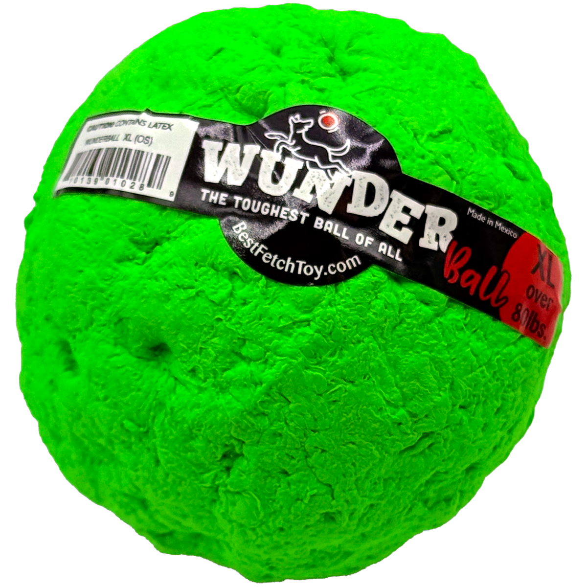Textured neon green fetch ball with black logo label wrapped across the top