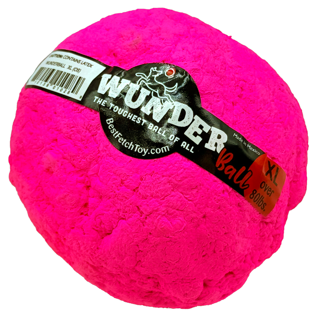 Textured bright pink fetch ball with black logo label and purple-toned text stripe