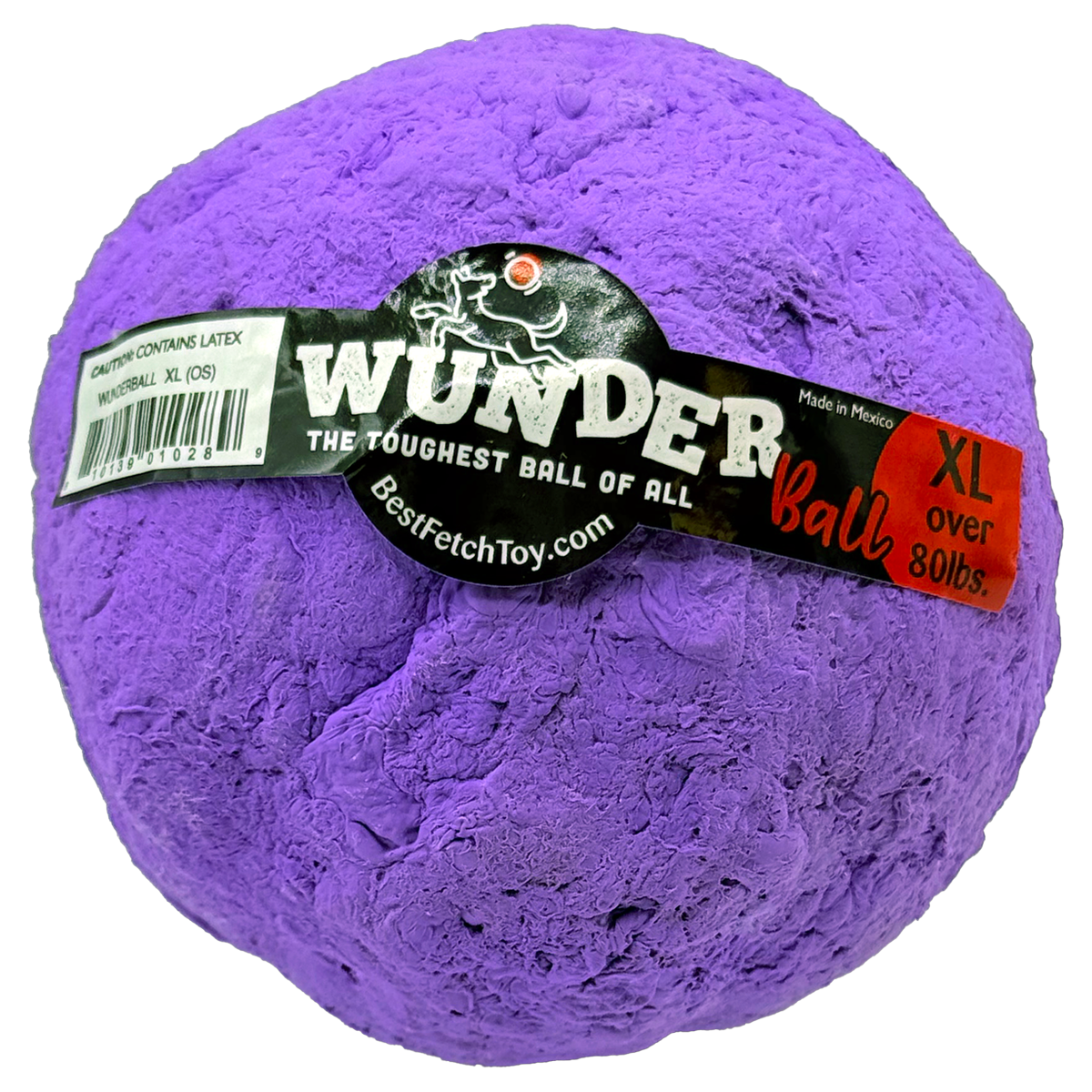 Textured purple fetch ball with black logo label wrapped around the front