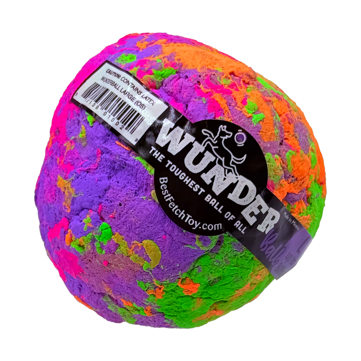 Textured multicolor speckled fetch ball with black logo label across the top