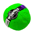Textured neon green fetch ball with black logo label showing pink "Ball" text