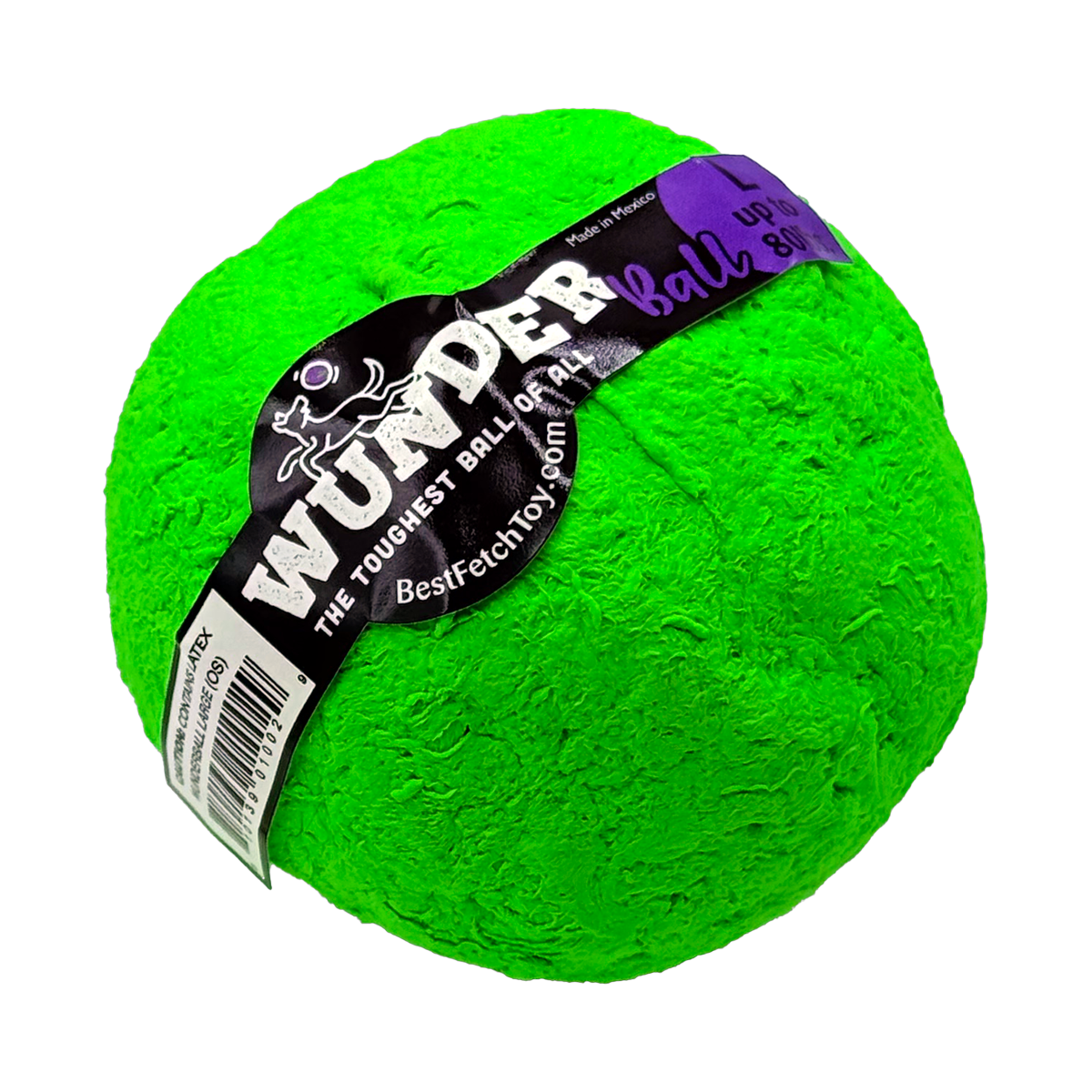 Textured neon green fetch ball with black logo label showing pink "Ball" text