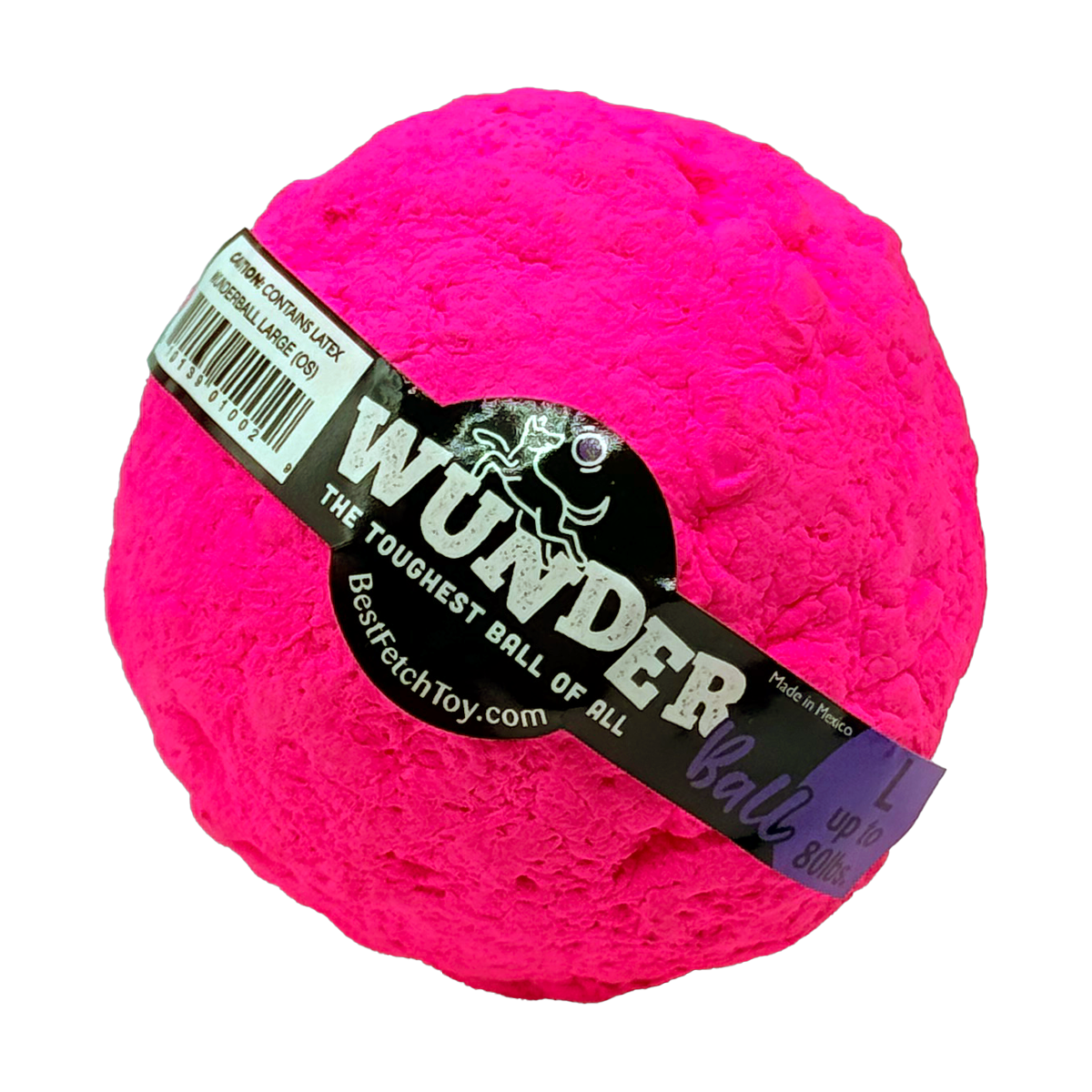 Textured bright pink fetch ball with black logo label wrapped around the surface