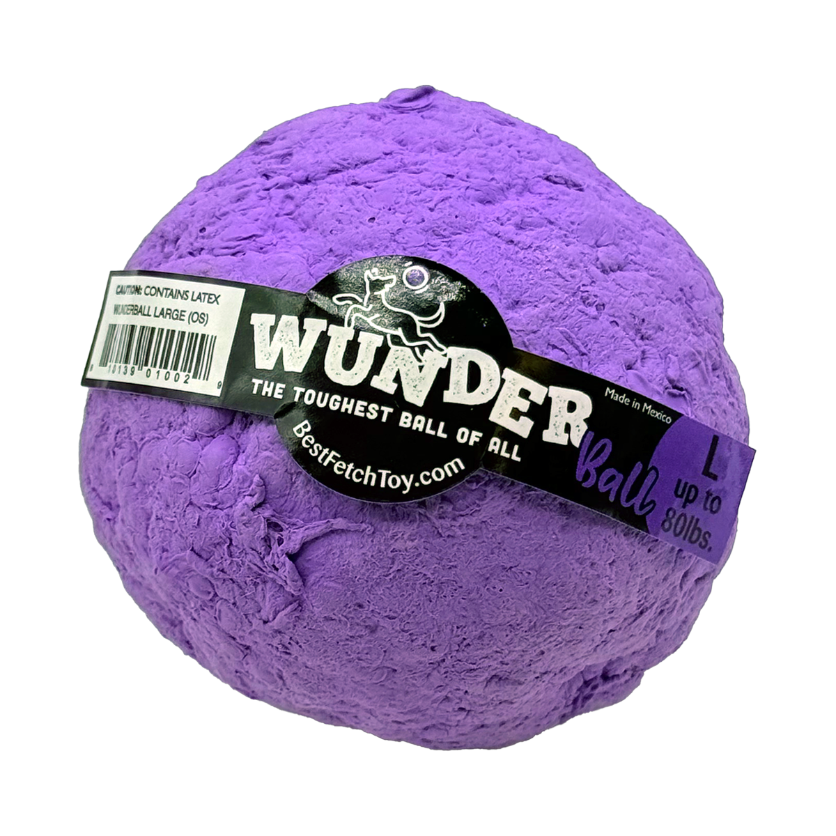Textured purple fetch ball with black logo label and white barcode sticker