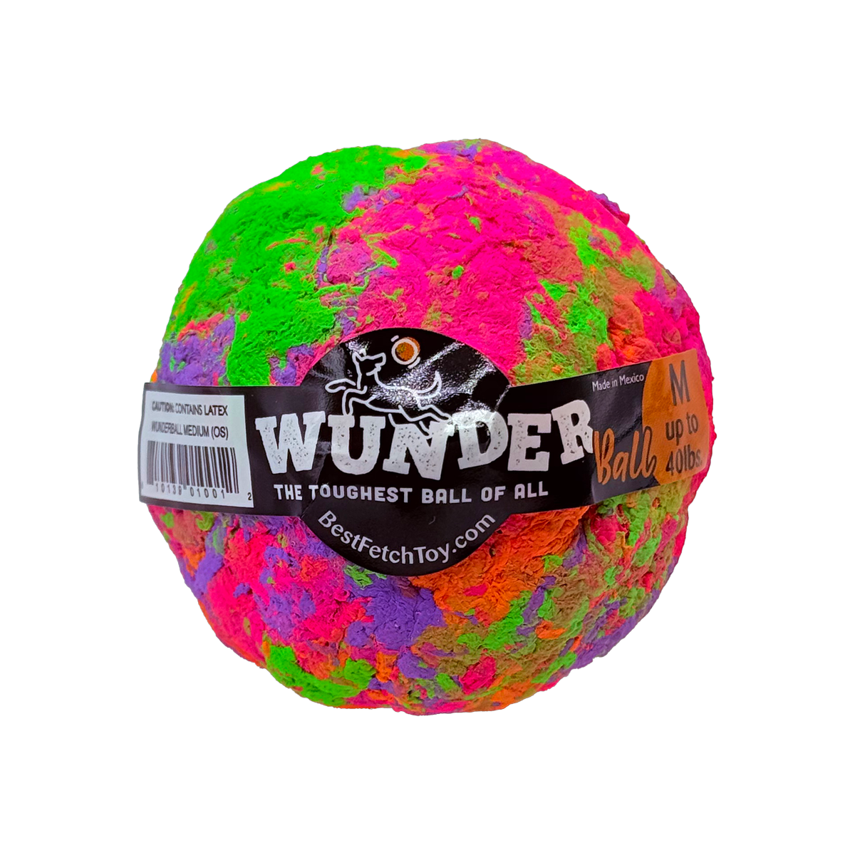 Textured multicolor fetch ball with black logo label wrapped around the front