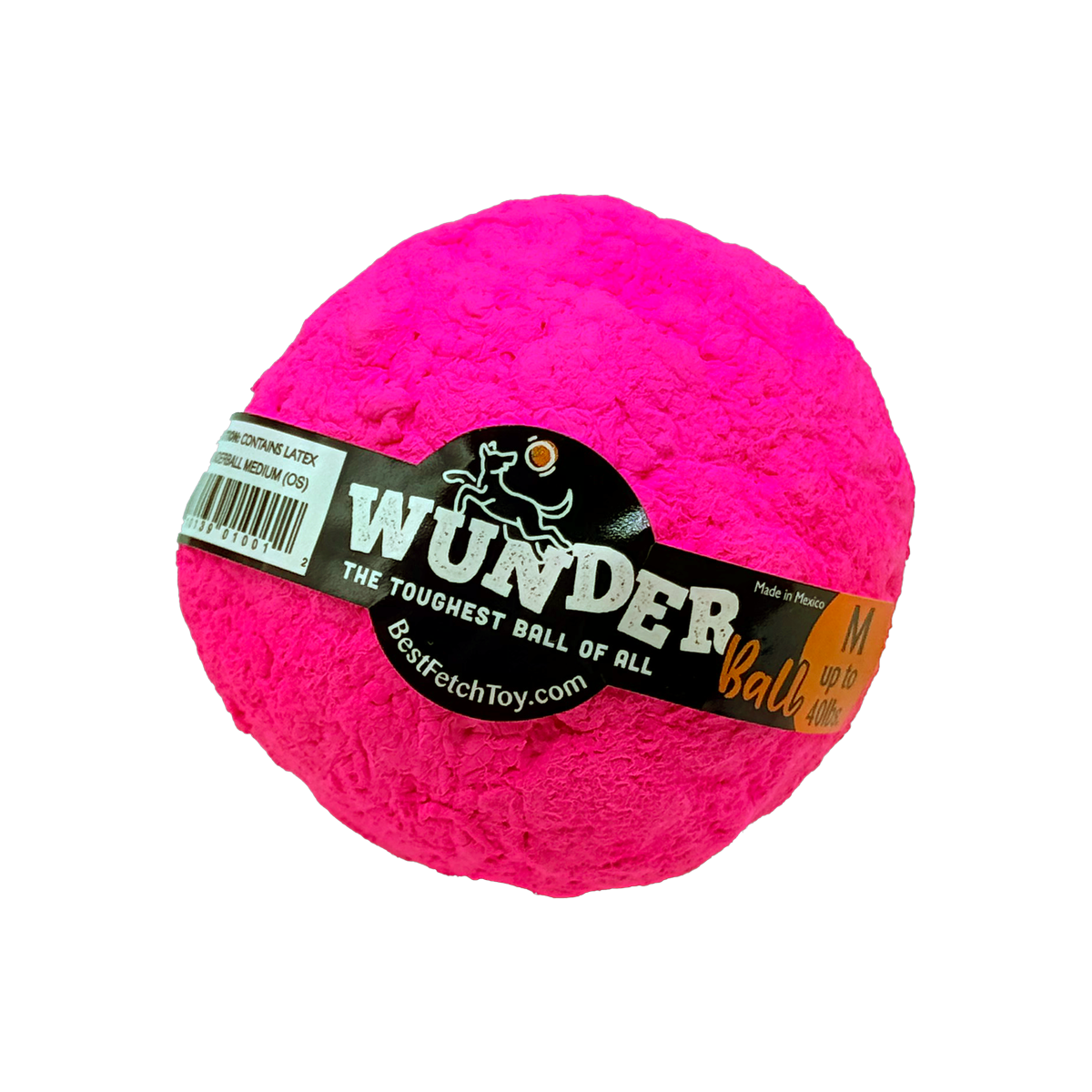 WUNDERball fetch toy, textured pink ball with “WUNDER” label