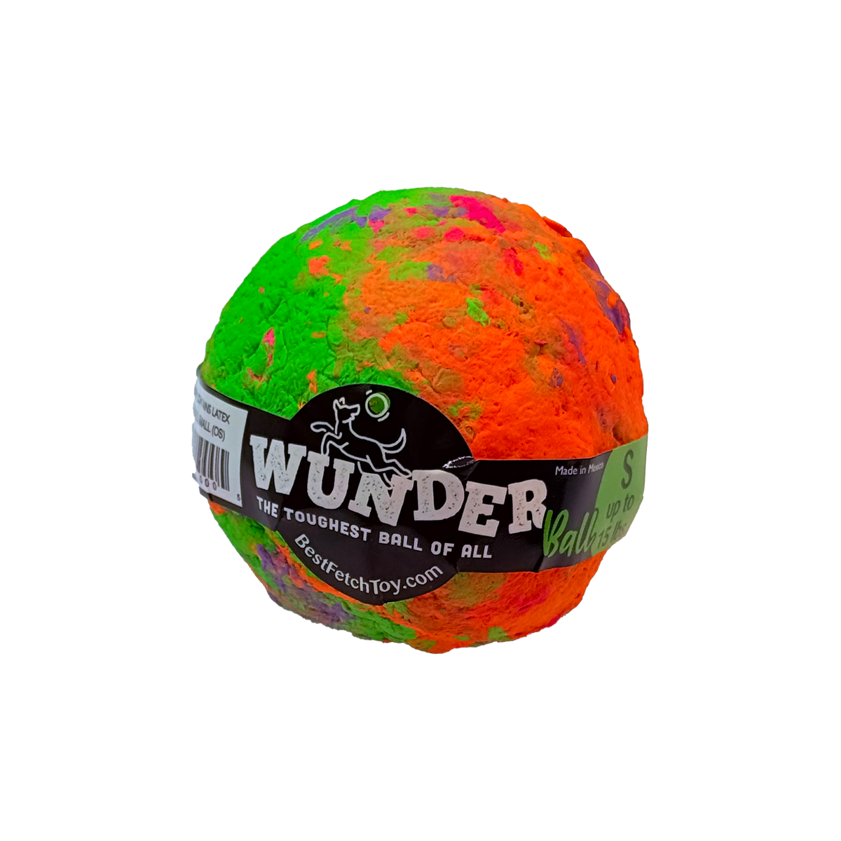 WUNDERball fetch toy, textured orange-and-green swirl ball with “WUNDER” label