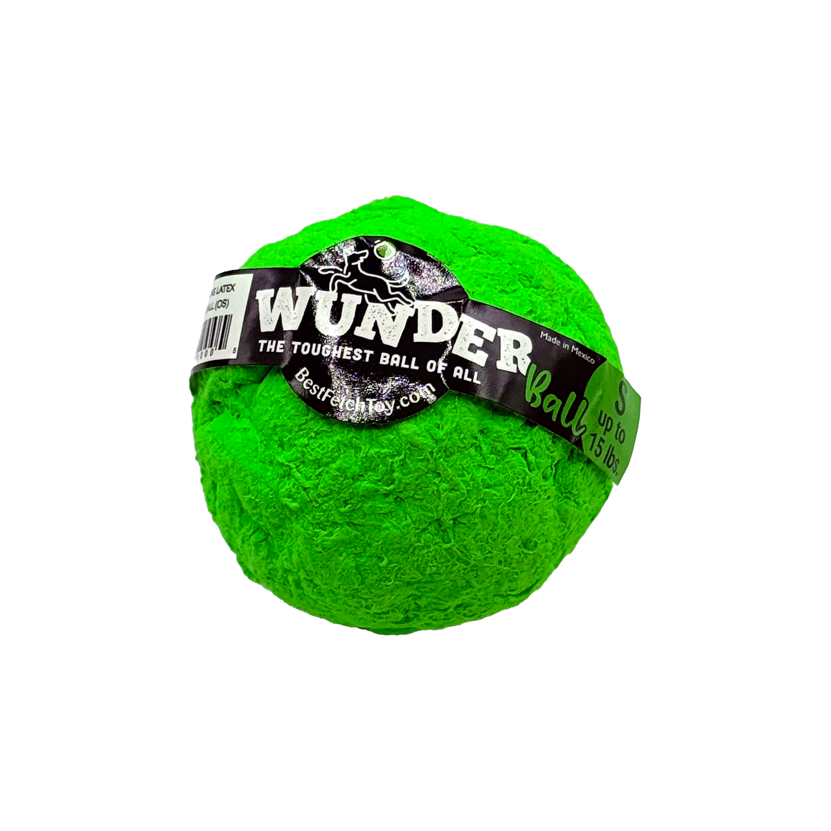 WUNDERball fetch toy, textured green ball with side label and barcode