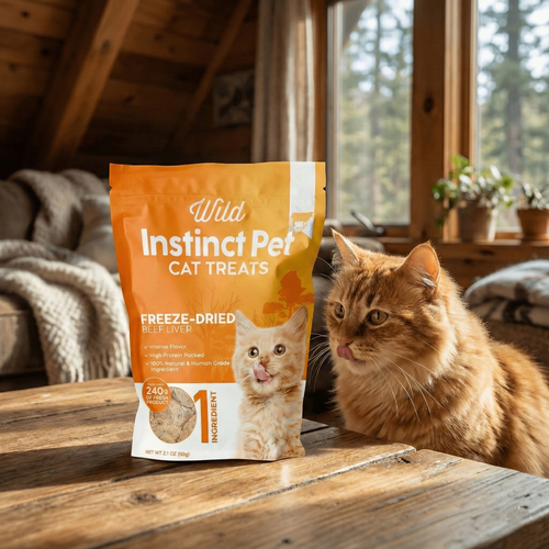 Orange freeze-dried cat treats pouch on wooden table, with cat beside