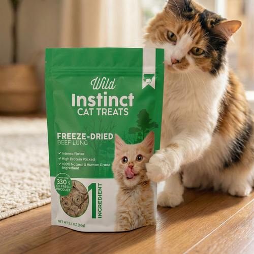 Freeze-dried beef lung cat treats pouch, green stand-up bag with front label