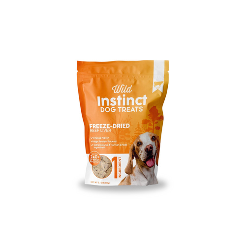 Freeze-dried beef liver dog treats bag, orange and white packaging
